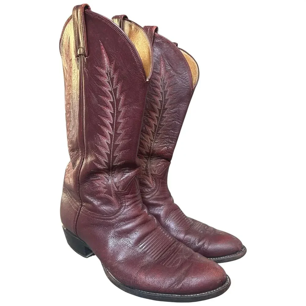 Vintage Tony Lama Burgundy Leather Cowboy Boots Western Pull On USA Men’s 9.5 D